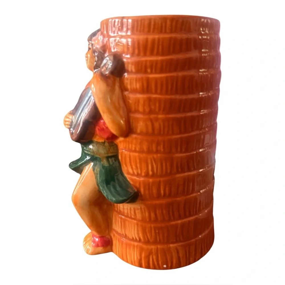 Vintage HAWAIIAN Tiki Cup Mug 3D Hula Girl Ukulele Hibiscus Palm Design
